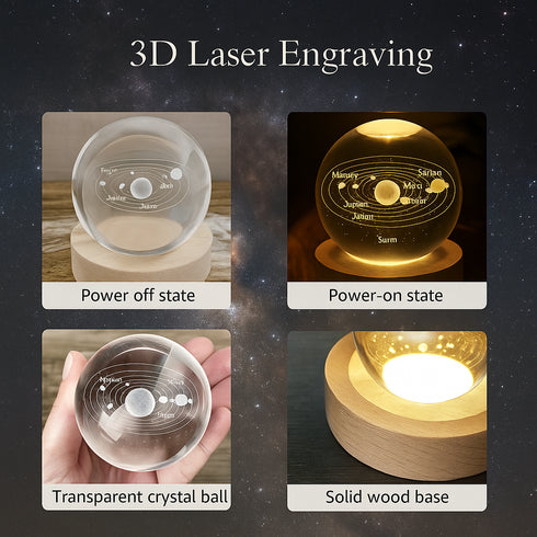 FLIXX 3D Crystal Ball Night Lamp | Warm LED Glow | USB Powered | Engraved K9 Crystal with Wooden Base | Romantic Gift for Bedroom, Home Décor, Anniversary & Gifting
