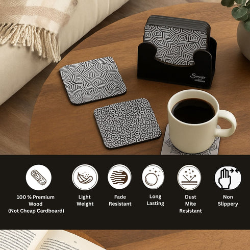 6-Piece Premium Abstract Design Wooden Coaster Set with EPE Anti-Slip Base & Storage Stand | 3.5” Square | Water Resistant