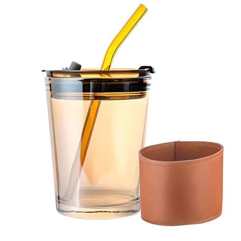 LA' FORTE Borosilicate Glass Tumbler | Leak-Proof Travel Cup | Glass Straw & Leather Jacket | Hot & Cold Beverages | Dual Drinking Mode - Sip & Straw