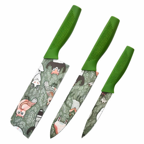 3-Piece Multipurpose Knife Set with Sheaths – Kitchen, Chef, and Fruit Knives Green