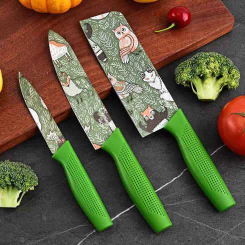 3-Piece Multipurpose Knife Set with Sheaths – Kitchen, Chef, and Fruit Knives Green