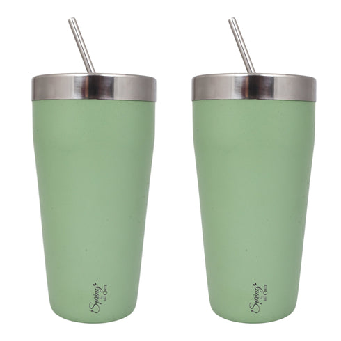 Stainless Steel Tumbler Set (650 ml) with Stainless Steel Lid and Straw – Premium Powder Coated Design for Hot & Cold Beverages (Set of 2, Color Options- Gold, Blue, Green)