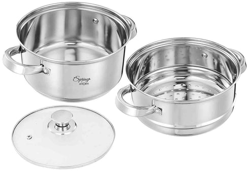 Spring by LA’ FORTE Stainless Steel 2-Tier Steamer & Casserole Set | Use as Single-Tier Cookware | Toughened Glass Lid | Riveted Handles