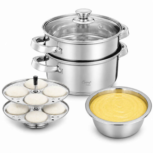 Spring by LA’ FORTE Stainless Steel 2-Tier Steamer & Casserole Set | Use as Single-Tier Cookware | Toughened Glass Lid | Riveted Handles