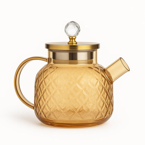 LA' VITE 1L Borosilicate Glass Kettle – Heat-Proof | Golden Stainless Steel Lid | Crystal Knob | 304 SS Strainer | Flame, Induction & Microwave Safe