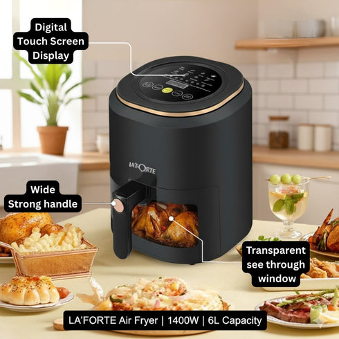 La’FORTE 1400W Digital Air Fryer – 6 Litre XL Capacity | Touch Control Panel | See-Through Window | Oil-Free Frying for Fries, Samosa, Chicken, Paneer & More | Smart Hot Air Circulation Technology | Black & Copper Finish