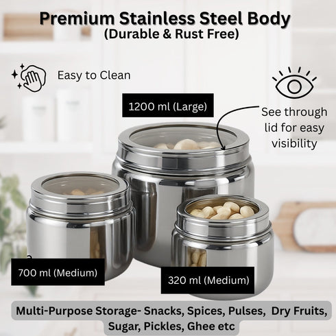 LA' FORTE Premium Stainless Steel Storage Jar Set -3 Pieces