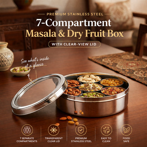 Spring by LA’ FORTE Stainless Steel Masala Dabba 8 Inch | 7 Containers + Spoon | Airtight See-Through Lid | 1400 ml
