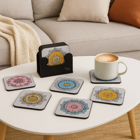 6-Piece Premium Abstract Design Wooden Coaster Set with EPE Anti-Slip Base & Storage Stand | 3.5” Square | Water Resistant