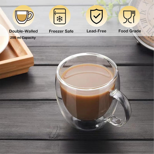 250ml Double-Walled Borosilicate Glass Cups | Transparent Insulated Coffee Mugs for Hot & Cold Beverages (Set of 2)