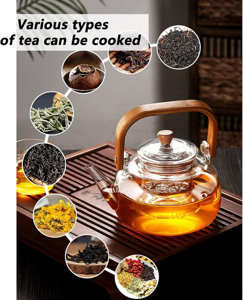 Premium Borosilicate Glass Teapot with Bamboo Handle, Lid & Infuser | Heat-Resistant Tea Kettle (800ml)