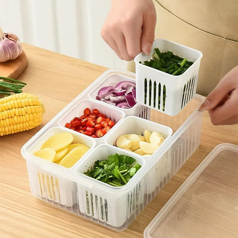 Durable Plastic Kitchen Storage Container Set with Drain Baskets | Multipurpose Fridge & Freezer Organizer Box | Masala, Vegetables & Dry Goods Storage | Airtight & Easy to Clean