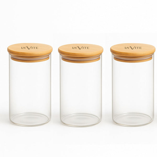 LA' VITE 3-Piece Multipurpose Borosilicate Glass Jar Set with Bamboo Lid | 320ml Airtight Storage Containers for Kitchen, Pantry & Beverage Use