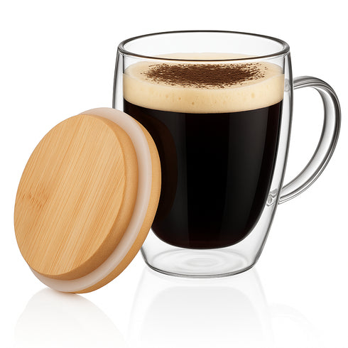 350 ml Double Wall Glass Coffee Mug with Wooden Lid | Borosilicate Insulated Cup for Hot & Cold Beverages | Cool-to-Touch, Anti-Condensation, Elegant Modern Design
