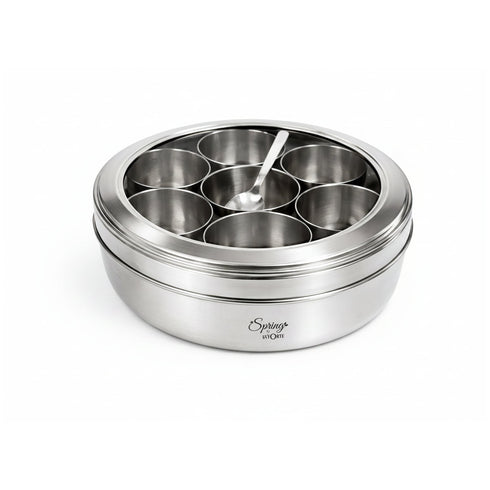 Spring by LA’ FORTE Stainless Steel Masala Dabba 8 Inch | 7 Containers + Spoon | Airtight See-Through Lid | 1400 ml