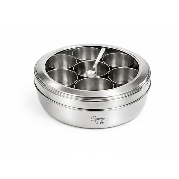 Spring by LA’ FORTE Stainless Steel Masala Dabba 8 Inch | 7 Containers + Spoon | Airtight See-Through Lid | 1400 ml