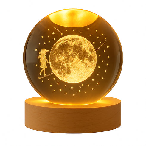 FLIXX 3D Crystal Ball Night Lamp | Warm LED Glow | USB Powered | Engraved K9 Crystal with Wooden Base | Romantic Gift for Bedroom, Home Décor, Anniversary & Gifting