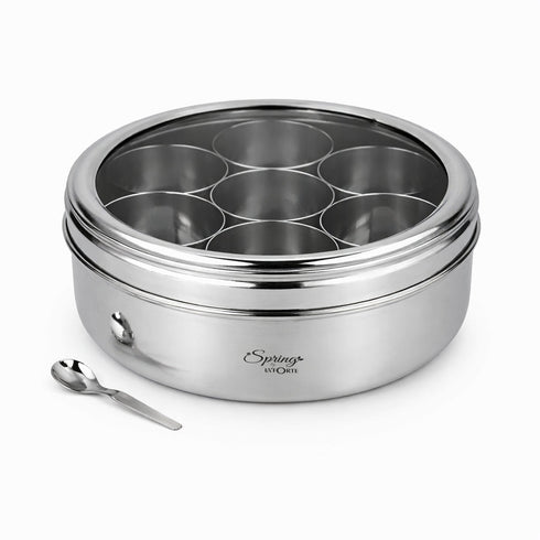 Spring by LA’ FORTE Stainless Steel Masala Dabba 8 Inch | 7 Containers + Spoon | Airtight See-Through Lid | 1400 ml