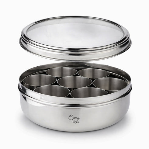 Spring by LA’ FORTE Stainless Steel Masala Dabba 8 Inch | 7 Containers + Spoon | Airtight See-Through Lid | 1400 ml