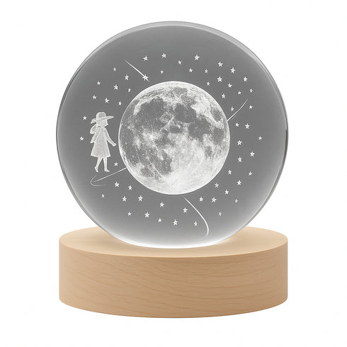 FLIXX 3D Crystal Ball Night Lamp | Warm LED Glow | USB Powered | Engraved K9 Crystal with Wooden Base | Romantic Gift for Bedroom, Home Décor, Anniversary & Gifting
