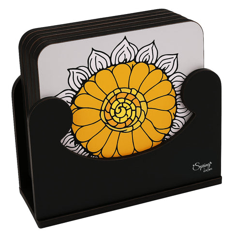 6-Piece Premium Abstract Design Wooden Coaster Set with EPE Anti-Slip Base & Storage Stand | 3.5” Square | Water Resistant