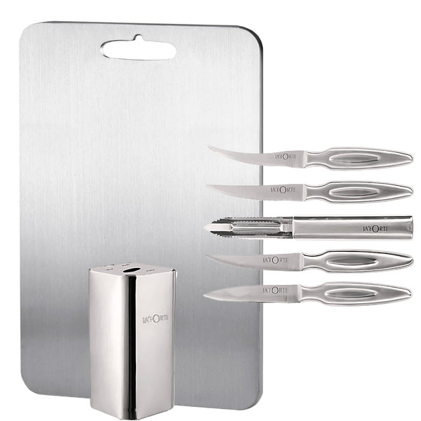 LA' FORTE Premium Combo - 5-Piece Metal Knife Set with Metal Block & Stainless Steel Chopping Board (31 cm x 20.5 cm)