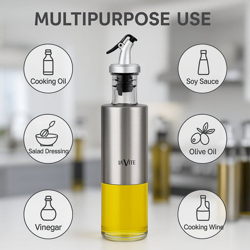 Premium 500ml Oil Dispenser Bottle – Stainless Steel & Food Grade Glass | Leakproof Spout | Modern Kitchen Accessory
