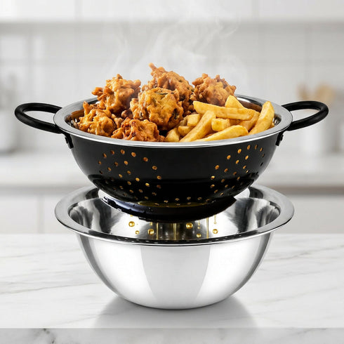 Spring by LA’ FORTE 2-in-1 Stainless Steel Bowl with Black Colander Set, 23.5 cm | Fruit & Vegetable Washer, Pasta/Noodle Strainer, Rice & Dal Rinse Bowl, Kitchen Prep & Drain Set