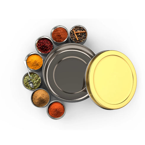 Stainless Steel Spice Box | Masala Dabba with 7 Mini Bowls & Spoon | Multipurpose Storage Container for Masala, Dry Fruits, Cookies & More (Beige-Gold / Black-Red)