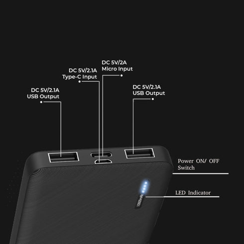 LA' FORTE 10000mAh 12W Lithium-Polymer Power Bank | Dual Input, Dual Output | Black, Type-C Cable Included