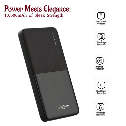 LA' FORTE 10000mAh 12W Lithium-Polymer Power Bank | Dual Input, Dual Output | Black, Type-C Cable Included