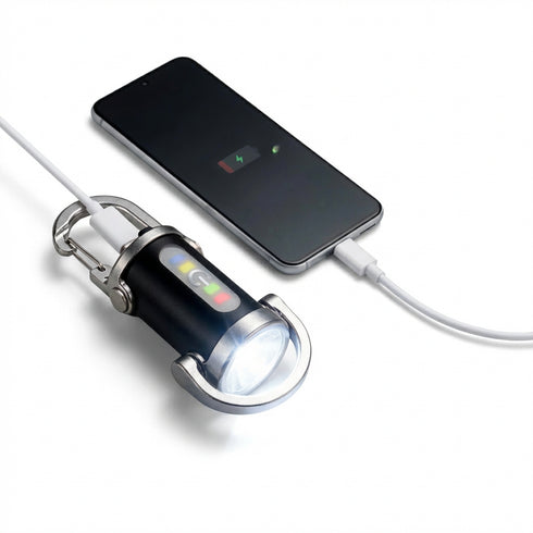 Flixx 3-in-1 Emergency Keychain Flashlight with Power Bank | USB Rechargeable | Metal Carabiner Clip | 400 mAh Battery | Compact Portable LED Light for Travel, Camping & Power Cuts
