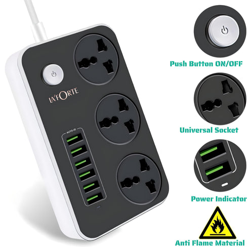 LA' FORTE Extension Board with 6 USB and 3 AC Outlets Power strip (1.65 mtr Long Wire)