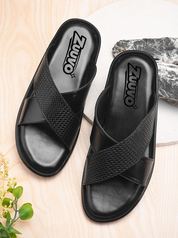 Men Strider Luxe Leather Slippers Daily Casual Wear Cross Straps Airmix Sole Sandals Casual Sandal