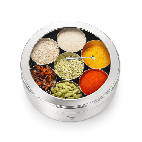 Spring by LA’ FORTE Stainless Steel Masala Dabba 8 Inch | 7 Containers + Spoon | Airtight See-Through Lid | 1400 ml
