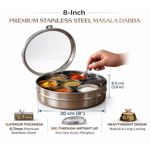 Spring by LA’ FORTE Stainless Steel Masala Dabba 8 Inch | 7 Containers + Spoon | Airtight See-Through Lid | 1400 ml