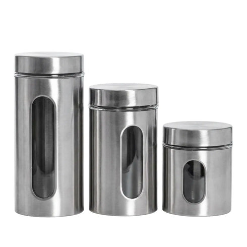 LA'VITE Stainless Steel & Glass Window Canister Set of 3 (300ml, 550ml, 800ml) – Airtight Premium Kitchen Storage Containers