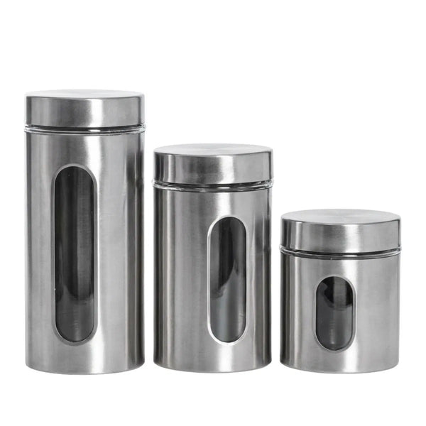LA'VITE Stainless Steel & Glass Window Canister Set of 3 (300ml, 550ml, 800ml) – Airtight Premium Kitchen Storage Containers