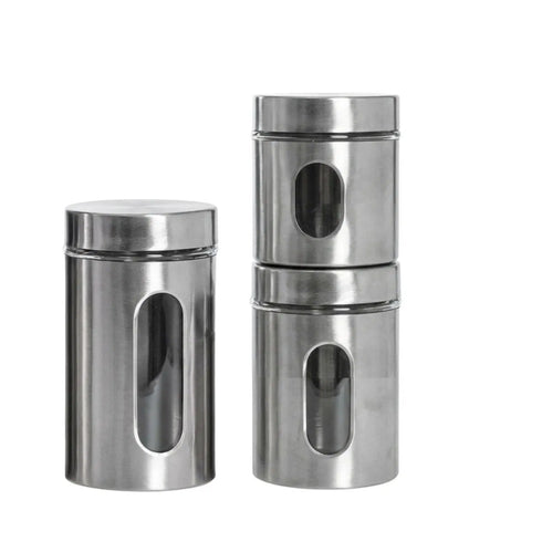 LA'VITE Stainless Steel & Glass Window Canister Set of 3 (300ml, 550ml, 800ml) – Airtight Premium Kitchen Storage Containers