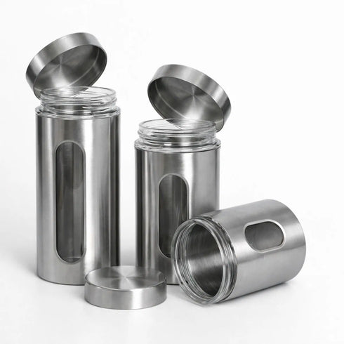 LA'VITE Stainless Steel & Glass Window Canister Set of 3 (300ml, 550ml, 800ml) – Airtight Premium Kitchen Storage Containers
