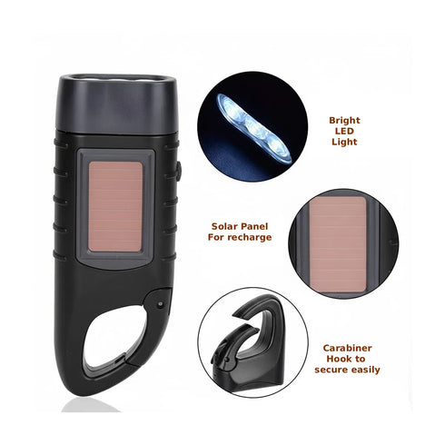 Solar + Hand Crank Emergency Flashlight with Powerbank | USB Rechargeable Mini Survival Torch with Carabiner