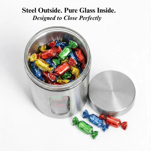 LA'VITE Stainless Steel & Glass Window Canister Set of 3 (300ml, 550ml, 800ml) – Airtight Premium Kitchen Storage Containers