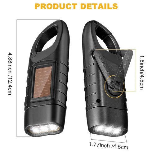 Solar + Hand Crank Emergency Flashlight with Powerbank | USB Rechargeable Mini Survival Torch with Carabiner