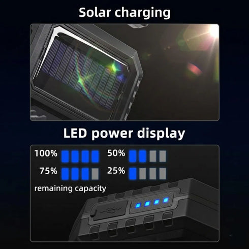 FLIXX Solar Rechargeable Emergency Light with Mobile Charging Power Bank | USB-C Fast Charging | Multi-Mode White/Red/Blue Warning Light | IP65 Water Resistant Portable Backup Lamp