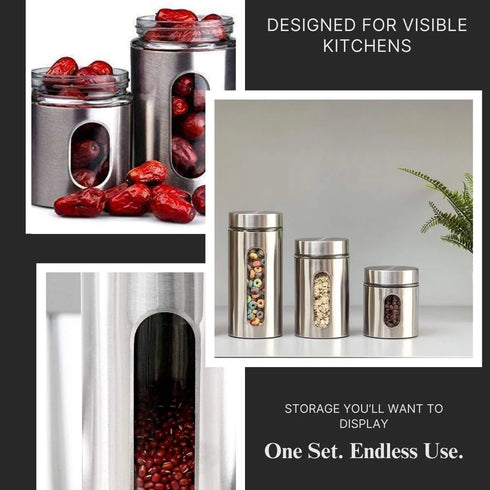 LA'VITE Stainless Steel & Glass Window Canister Set of 3 (300ml, 550ml, 800ml) – Airtight Premium Kitchen Storage Containers