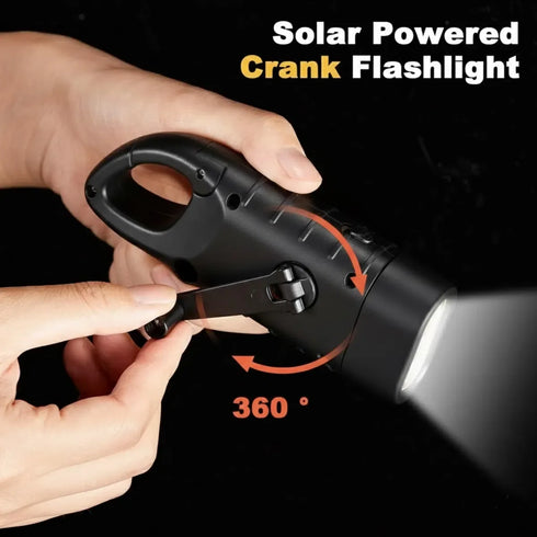 Solar + Hand Crank Emergency Flashlight with Powerbank | USB Rechargeable Mini Survival Torch with Carabiner