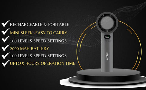 LA' FORTE Fairy Flow Mini Fan | 100 Speed Levels | Digital Display | USB-C Rechargeable | Portable & Compact | Gray