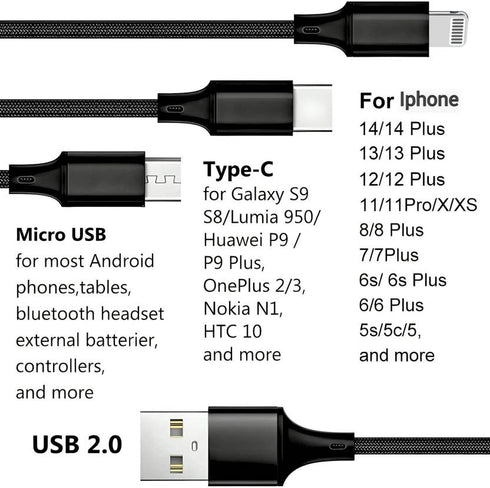 LA' FORTE Premium braided 3 in 1 Charging Cable (Micro, C & Iphone Connectors)